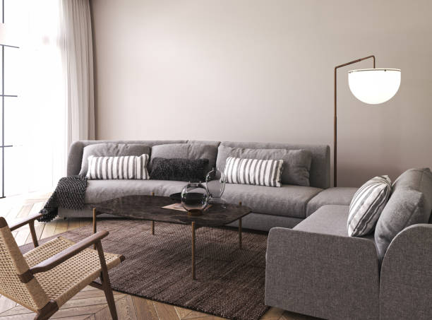 istock Modern classic white interior with sofa, lamps and decor. 3d render illustration mockup. High quality 3d illustration 1467130251