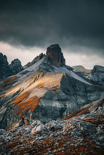 Fantastic mountain landscape other side of Dolomiten mountains view of Drei Zinnen or Tre Cime di Lavaredo with beautiful cloudy sky in South Tirol, Dolomites, Italy. Popular travel and hiking destination in the world.