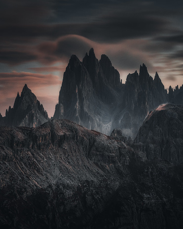 Fantastic night mountain landscape Dolomiten mountains view with moon lights of the Cadin di San Lucano peak di Misurina group Belluno district,Auronzo di Cadore in the Dolomites mountain range in South Tirol, Dolomites, Northern Italy. Popular travel and hiking Destination in the world.