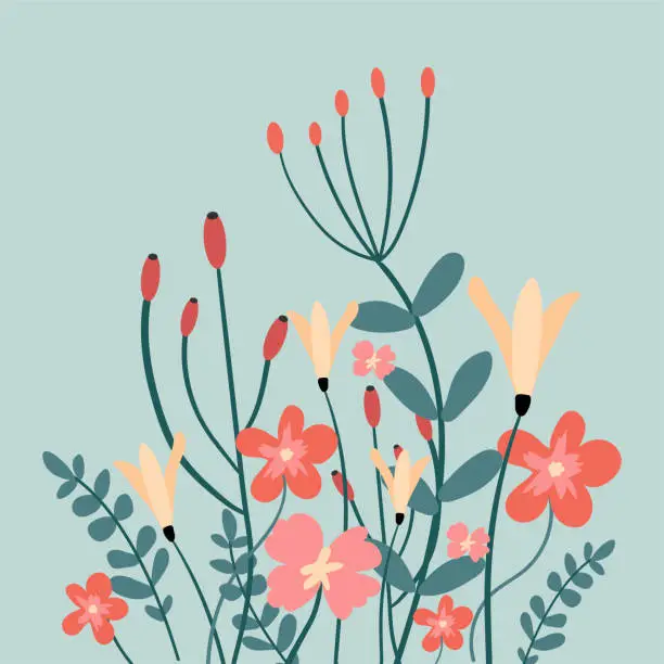 Vector illustration of A variety of spring flowers in a flat style. Vector illustration with botanical theme.