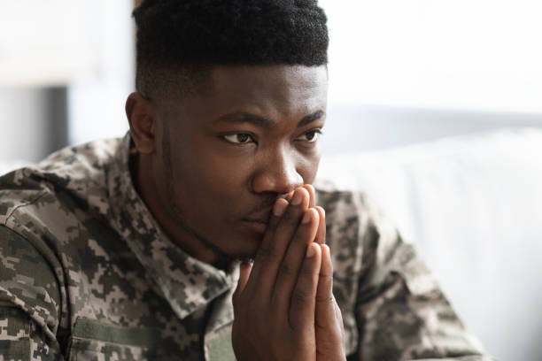 istock Thoughtful military black man staring at copy space 1467141077