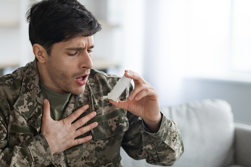 Navy Inhaler Veteran Suffering From Panic Attack Using Inhaler Stock Photo ...