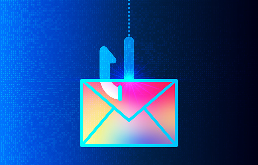 Phishing - Phishing Icon with Letter and Fishing Hook - Type of Social Engineering Where Attackers Deceive Victims into Revealing Sensitive Information - Conceptual Illustration