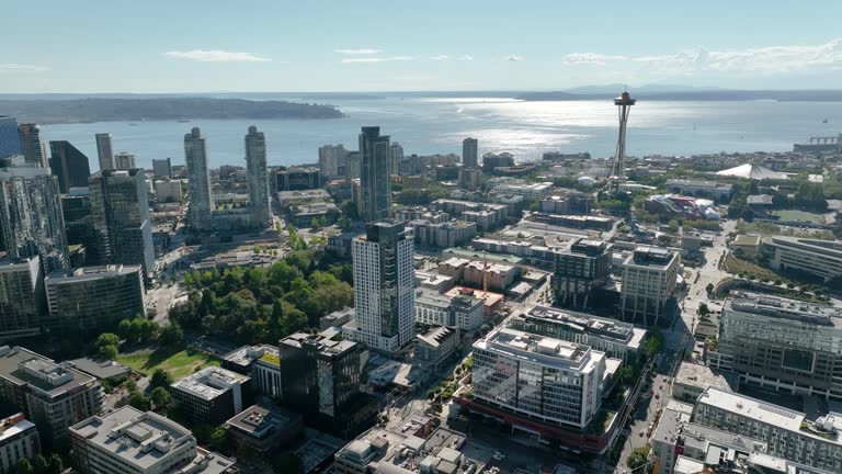 Wide establishing view of Seattle's dense downtown sector.