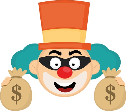 vector illustration face of a clown cartoon with thief mask and some bags of money in the hands