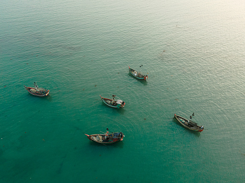 Drone View of Fishing Boats at Saint Martins's Island Bangladesh. Economy Symbol of Bangladesh. Fishing Industry Economy Creative Concept