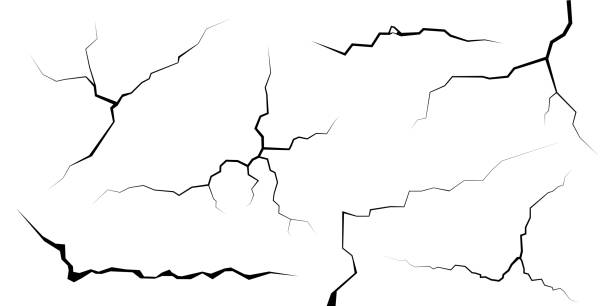 ilustraciones, imágenes clip art, dibujos animados e iconos de stock de grietas superficiales y fisuras en el suelo, concreto, grietas desde la vista superior del desastre. roturas en la superficie terrestre por terremoto aislado sobre fondo blanco. suelo roto, pared, efecto patrón de vidrio. daño - cascadas