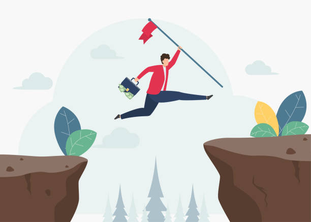 istock Businessman or manager hold success flag while jump through the gap obstacles and success. Running and jump over cliffs. Business risk and success concept. Overcoming Obstacles concept Vector. 1467151010
