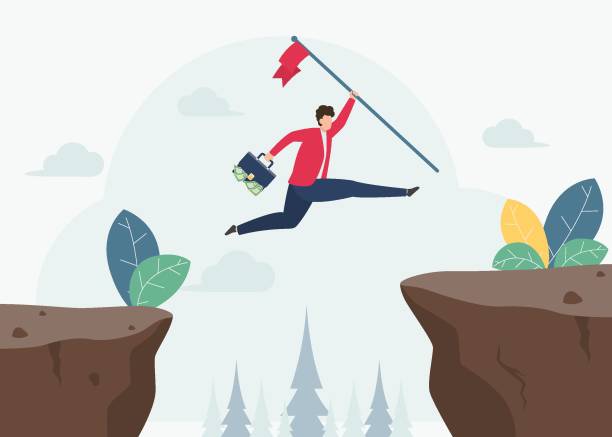 istock Businessman or manager hold success flag while jump through the gap obstacles and success. Running and jump over cliffs. Business risk and success concept. Overcoming Obstacles concept Vector. 1467151026