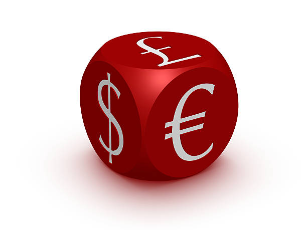 Red cube with currency symbols stock photo