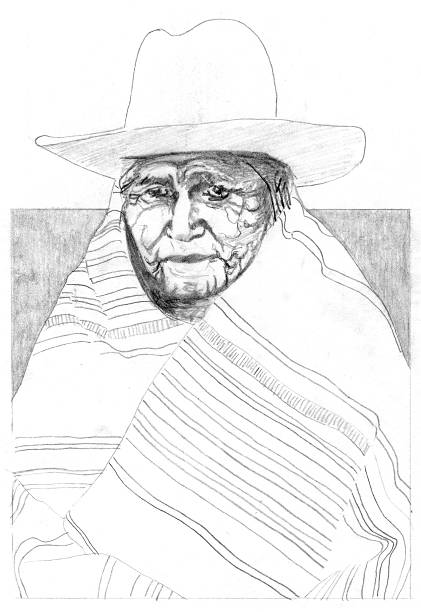Native American Wearing Hat and Wrapped in Blanket My pencil sketch of a native american from late 1800's to early 1900's wearing hat and wrapped in blanket. kiowa stock pictures, royalty-free photos & images