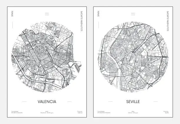 Vector illustration of Travel poster, urban street plan city map Valencia and Seville, vector illustration
