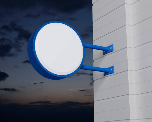 istock Hanging blue rounded signboard mockup over blue sky, 3D rendering 1467160566