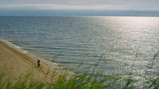 istock Couple standing beach landscape. Close up grass blowing wind on sea background. 1467161488