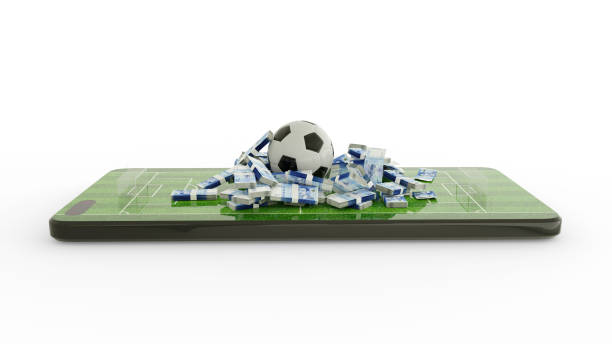 istock 3d rendering of soccer field on mobile phone screen. Moroccan dirham notes with Football on phone screen. Soccer pitch on smartphone screen isolated on white background. bet and win concept 1467162281
