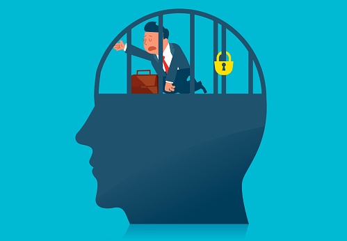 Self-absorption, negative emotions, repressed or fearful psychology, repressed thoughts and creativity, businessmen trapped inside the cage of the brain