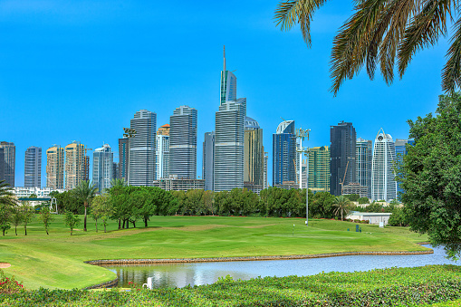 Golf fairways against the backdrop of contemporary architecture, in Dubai, United Arab Emirates in the Persian Gulf. In the background are tall buildings and modern architecture, in the area that is known as Jumeirah Lake Towers; the city is known for its skyscrapers and contemporary architecture. Some construction is still underway. The image is framed on the top right by some palm fronds. Photo shot in the morning sunlight. Horizontal format; copy space. No people. Note to Inspector: The image was shot from a public road in the city.