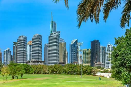 Golf fairways against the backdrop of contemporary architecture, in Dubai, United Arab Emirates in the Persian Gulf. In the background are tall buildings and modern architecture, in the area that is known as Jumeirah Lake Towers; the city is known for its skyscrapers and contemporary architecture. Some construction is still underway. The image is framed on the top with some date palm fronds. Photo shot in the morning sunlight. Horizontal format; copy space. No people. Note to Inspector: The image was shot from a public road in the city.