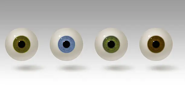Four realistic raster illustrations of the human eye. Eyeball colors include hazel, blue, green and brown. The eyes are lit from above and cast a shadow. Eye balls are easy to isolate.