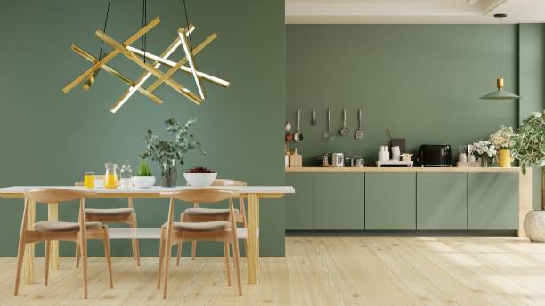 istock Modern dark green kitchen and minimalist interior design. 1467174575