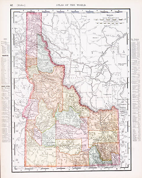 antyczne vintage kolor mapa idaho, usa - idaho stock illustrations