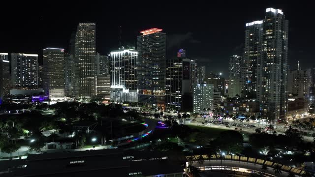 Night aerial drone approach City of Miami