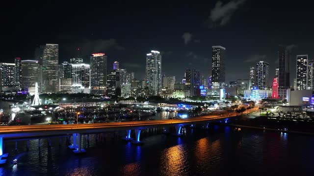 Drone aerial Downtown Miami city lights Feb 2023