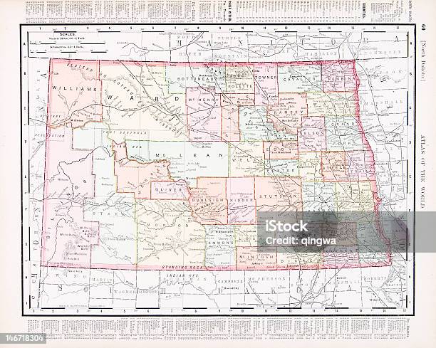 Vintage Antica Mappa Dei Colori Del Dakota Del Nord Stati Uniti - Immagini vettoriali stock e altre immagini di Carta geografica