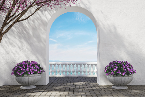 Modern luxury scandinavian white arch gate to terrace 3d render There are stone brick floor decorated with classical style flower pot