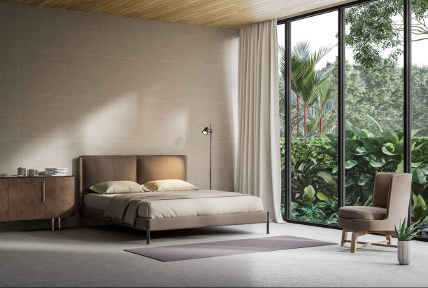 istock Modern contemporary loft style bedroom with tropical style garden view 3d render 1467184764