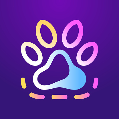 Vector illustration of a multi-colored paw print against a purple background in flat style.