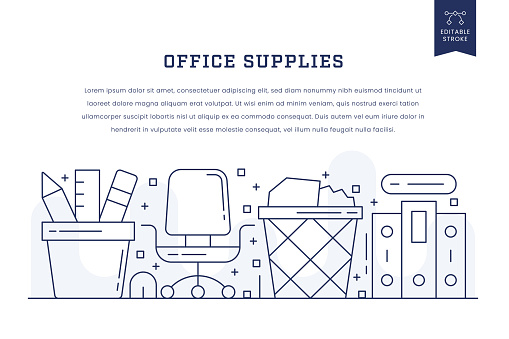 Web Banner Concept of Office Supplies. Thin Line Illustration with a title and text above. Monochrome editable stroke vector illustration.