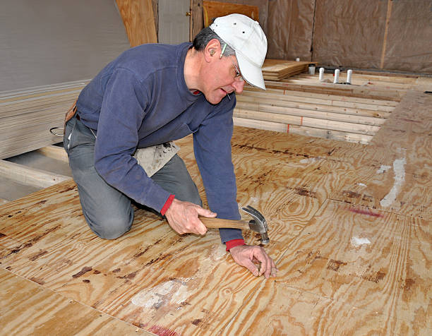 Man nailing down plywood sub-floor stock photo