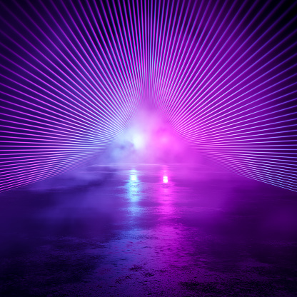 3D Futuristic Concept World, Scene With Blue and Purple Lights In The Smoke In The Tunnel, No People. 3D Abstract Background With Elements For Banners, Posters, Templates. Fashion Render Design