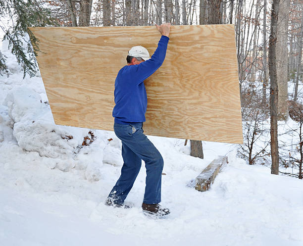Man carrying a sheet of plywood in the snow stock photo
