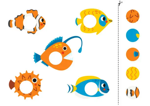 Vector illustration of Cut and glue game for kids. Cute reef fish.