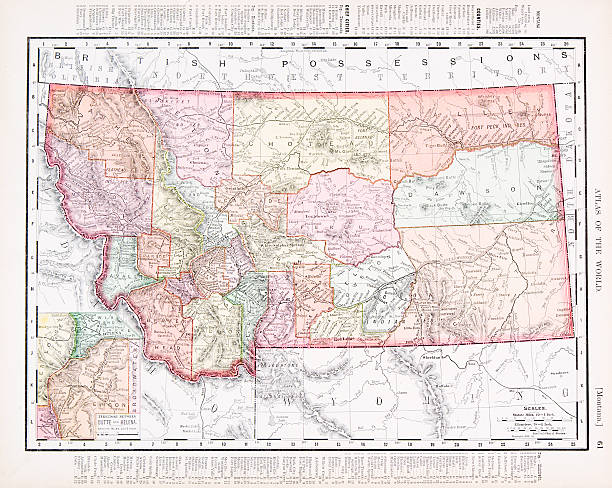 illustrazioni stock, clip art, cartoni animati e icone di tendenza di vintage antica mappa dei colori del montana, stati uniti - montana map old cartography