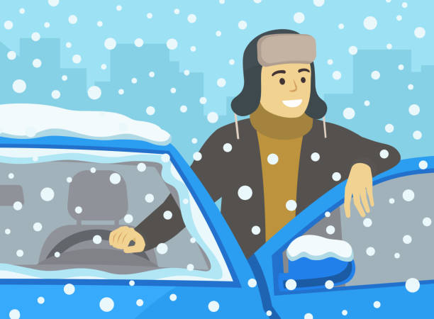 Winter time car driving. Happy young man leaning on the car door. Close-up front view. Winter time car driving. Happy young man leaning on the car door. Close-up front view. Flat vector illustration template. guy open car door stock illustrations