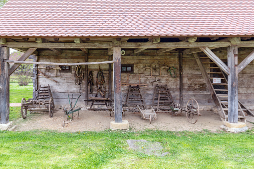 Kumrovec, Croatia - April 13, 2019: Old agricultural tools in the farm house