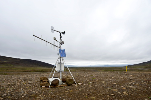 A solar powered weather station and transmitting aerial along the Kjolur Highland route in the Tundras of Iceland on a typical Icelandic overcast day.