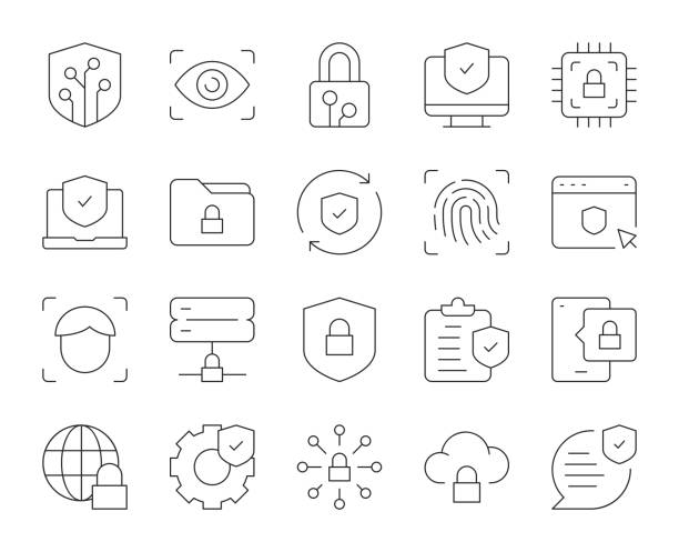 цифровая безопасность - тонкие линейные значки - shield security security system symbol stock illustrations