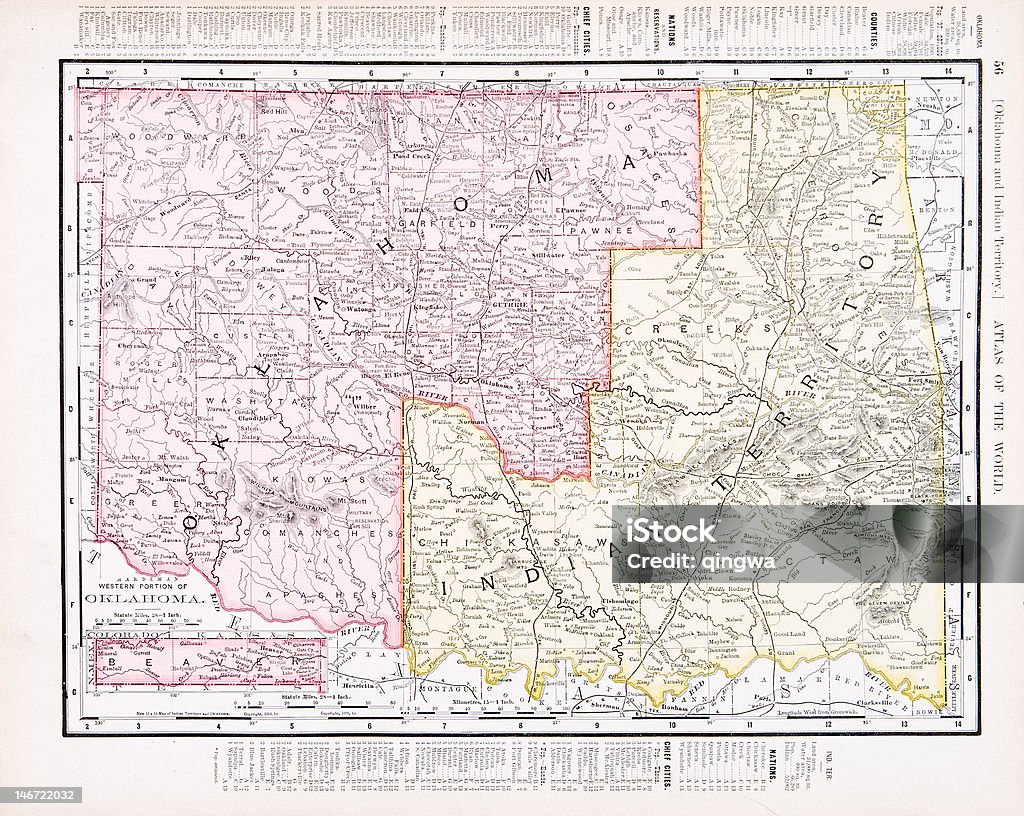 Antique Vintage Color Map of Oklahoma Indian Territory, USA Vintage map of the territory of Oklahoma, which became one of the United States - See lightbox for more Oklahoma stock illustration