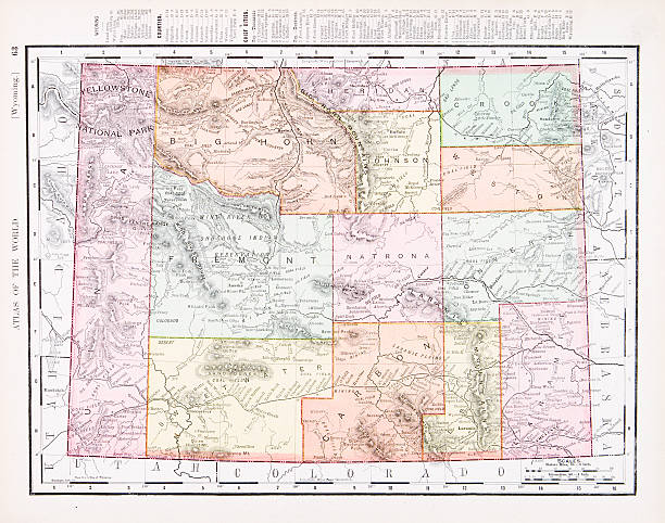 앤틱형 빈티지 색상 맵을 와이오밍, 미국 - wyoming state stock illustrations