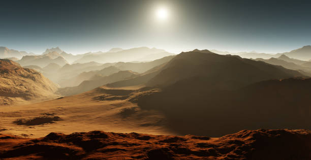 istock Dust storm on Mars. Sunset on Mars. Martian landscape. 3D rendering 1467224023
