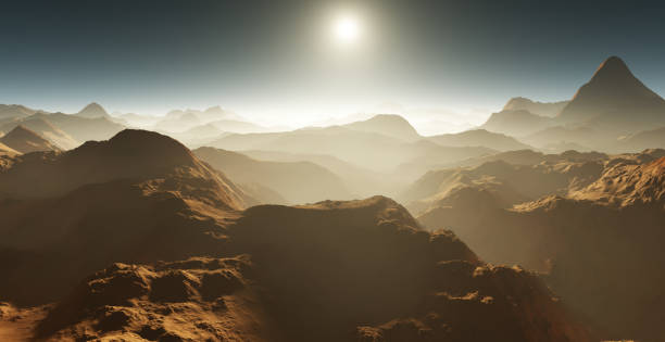 istock Dust storm on Mars. Sunset on Mars. Martian landscape. 3D rendering 1467224097