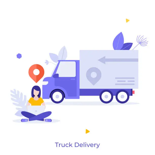 Vector illustration of Woman sitting cross-legged, working on laptop computer, location mark and van. Concept of truck delivery, automobile transportation, express shipping and logistics. Modern flat vector illustration.
