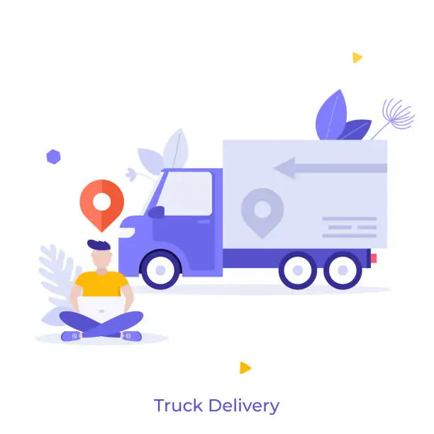 Vector illustration of Man sitting cross-legged, working on laptop computer, location mark and van. Concept of truck delivery, automobile transportation, express shipping and logistics. Modern flat vector illustration.