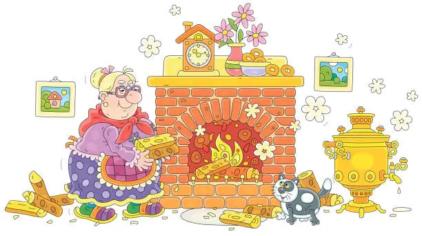 Vector illustration of Funny granny with firewood for her bricky fireplace