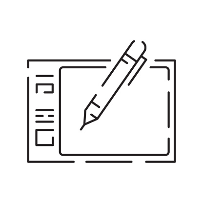 istock Digital artist and digital art tools line icon thin line design. Vector sign Tablet computer 1467226408