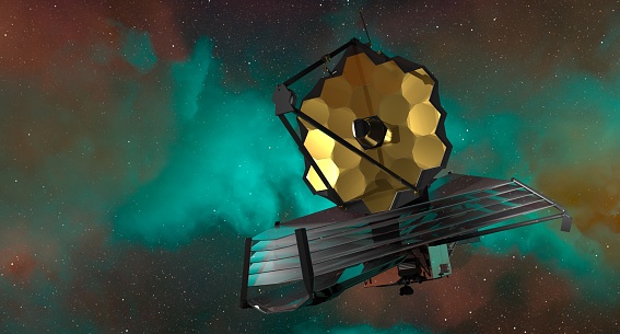 James Webb Telescope in outer space on orbit of Earth planet. Sci-fi space collage. Astronomy science